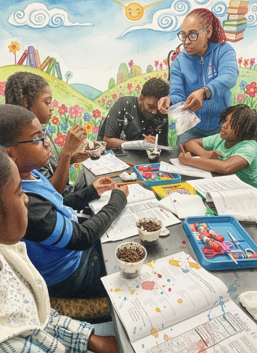 Students participating in a healthy kitchen learning activity